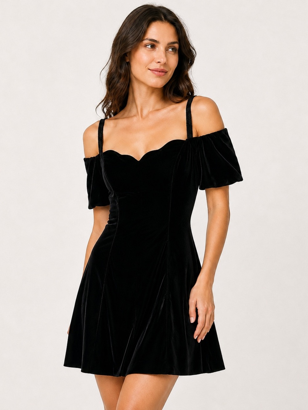Vintage Made in Canada Savannah Black Velvet Cold Shoulder Mini Dress 7/8